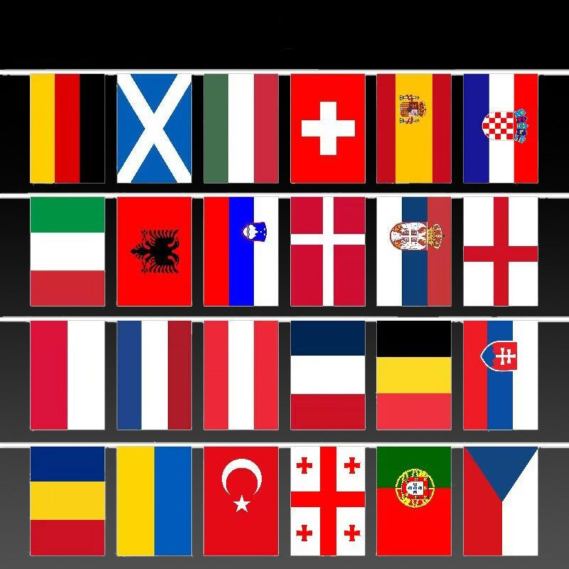 2026 US, Canada and Mexico World Cup flag-stringing bar fans decorate and pull flags from countries around the world