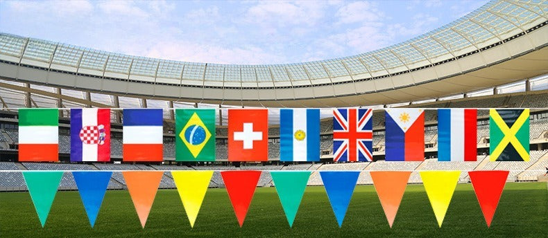 2026 US, Canada and Mexico World Cup flag-stringing bar fans decorate and pull flags from countries around the world