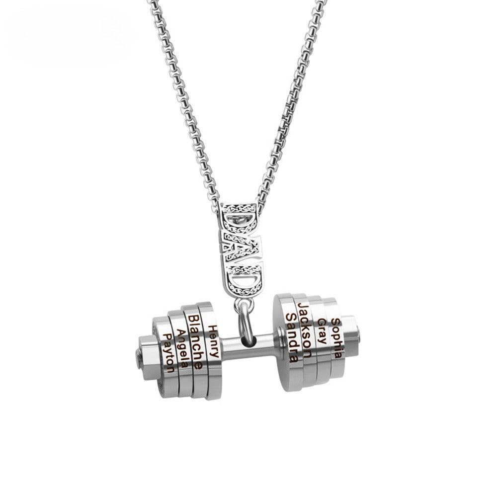 European and American personalized sports accessories stainless steel fitness barbell necklace DAD Father's Day engraved family name necklace gift