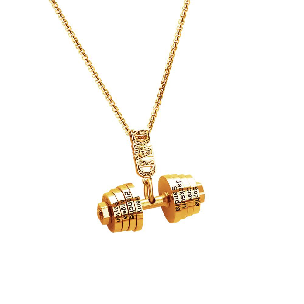 European and American personalized sports accessories stainless steel fitness barbell necklace DAD Father's Day engraved family name necklace gift