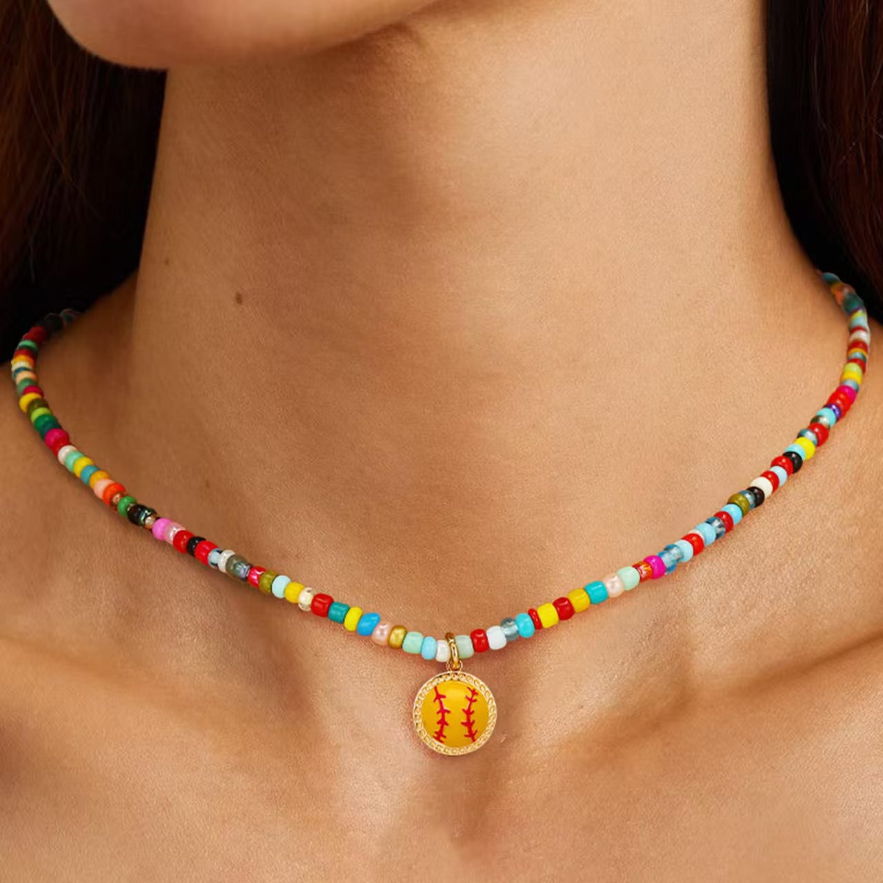 Amazon chain new colorful beaded necklace bohemian football softball baseball pendant