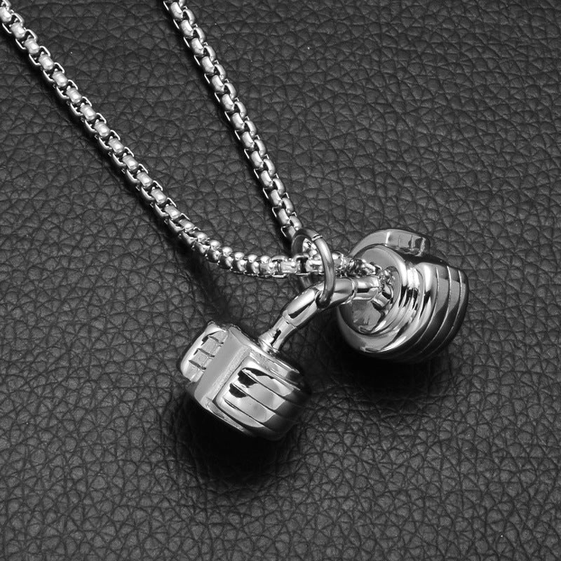 Dumbbell pendant, stainless steel necklace pendant, sports style jewelry Yiwu manufacturers Europe and America, fitness barbell necklace
