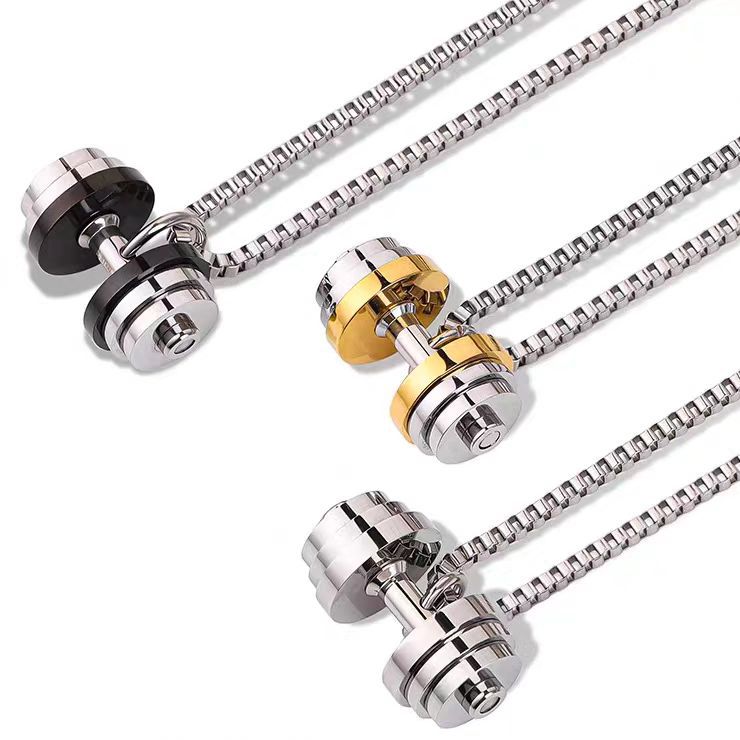 "Rotating Barbell Piece" Dumbbell Necklace Men's and Women's Fitness Pendant Does not fade Titanium Steel American Niche Men's Breast Chain
