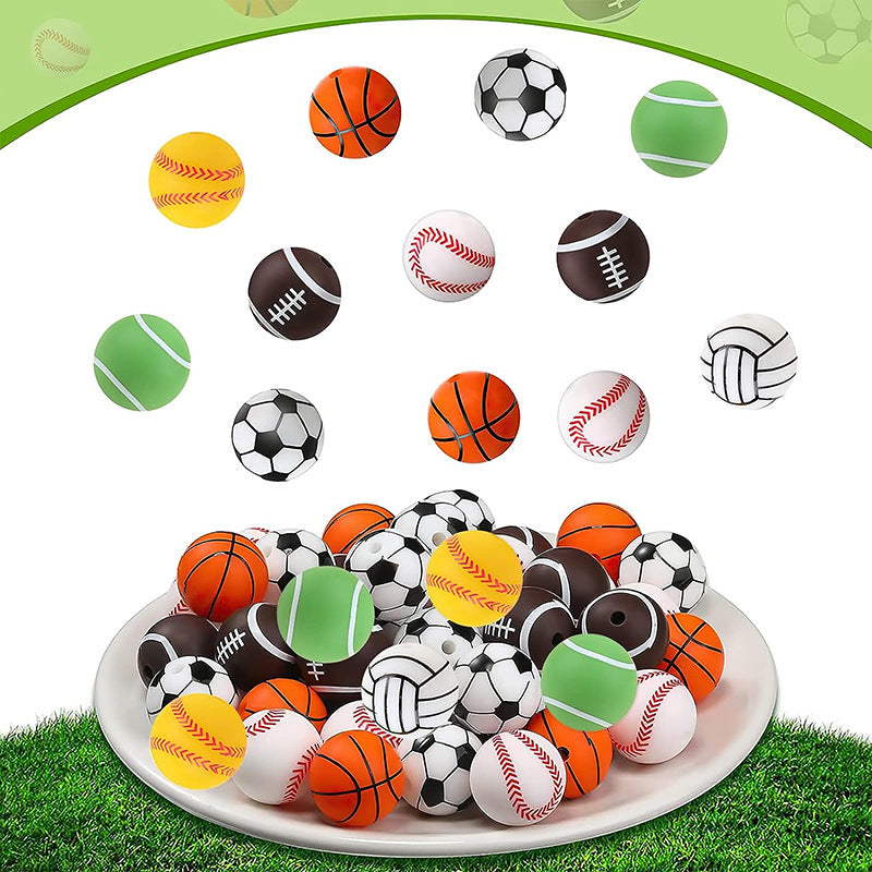 Factory spot 15mm silicone beads baby teething necklace loose beads football basketball water transfer silicone beads wholesale