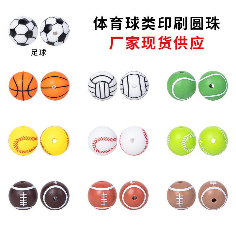 Factory spot 15mm silicone beads baby teething necklace loose beads football basketball water transfer silicone beads wholesale