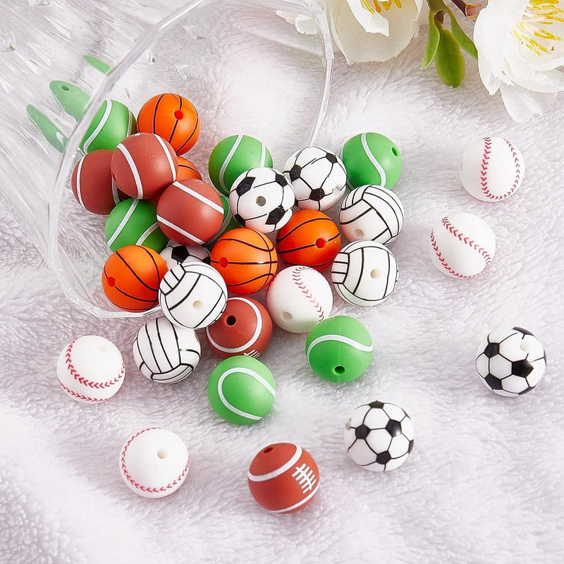 Factory spot 15mm silicone beads baby teething necklace loose beads football basketball water transfer silicone beads wholesale