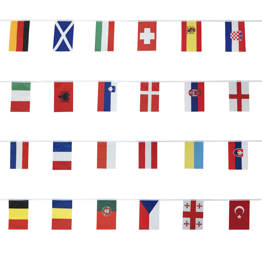 2026 US, Canada and Mexico World Cup flag-stringing bar fans decorate and pull flags from countries around the world