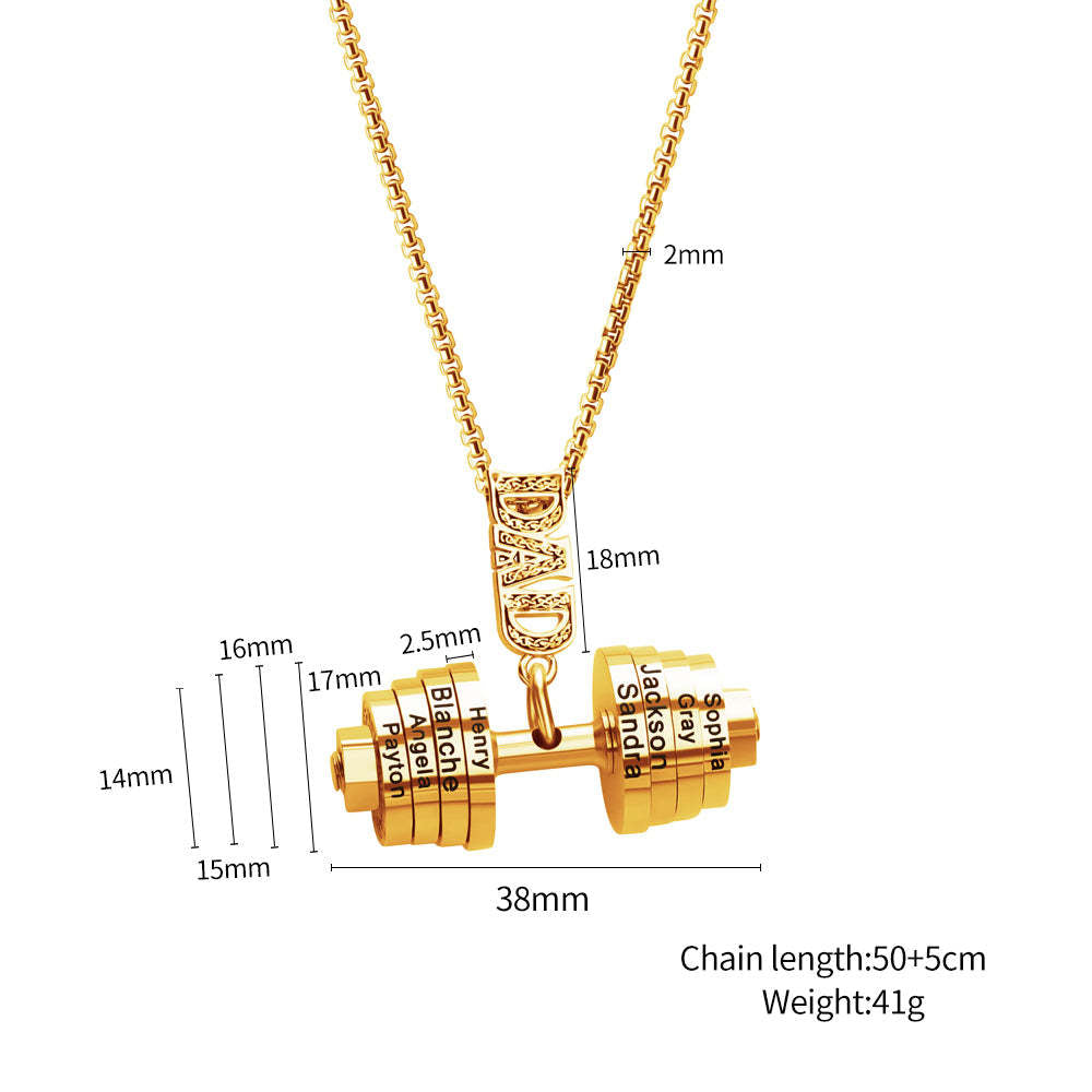 European and American personalized sports accessories stainless steel fitness barbell necklace DAD Father's Day engraved family name necklace gift