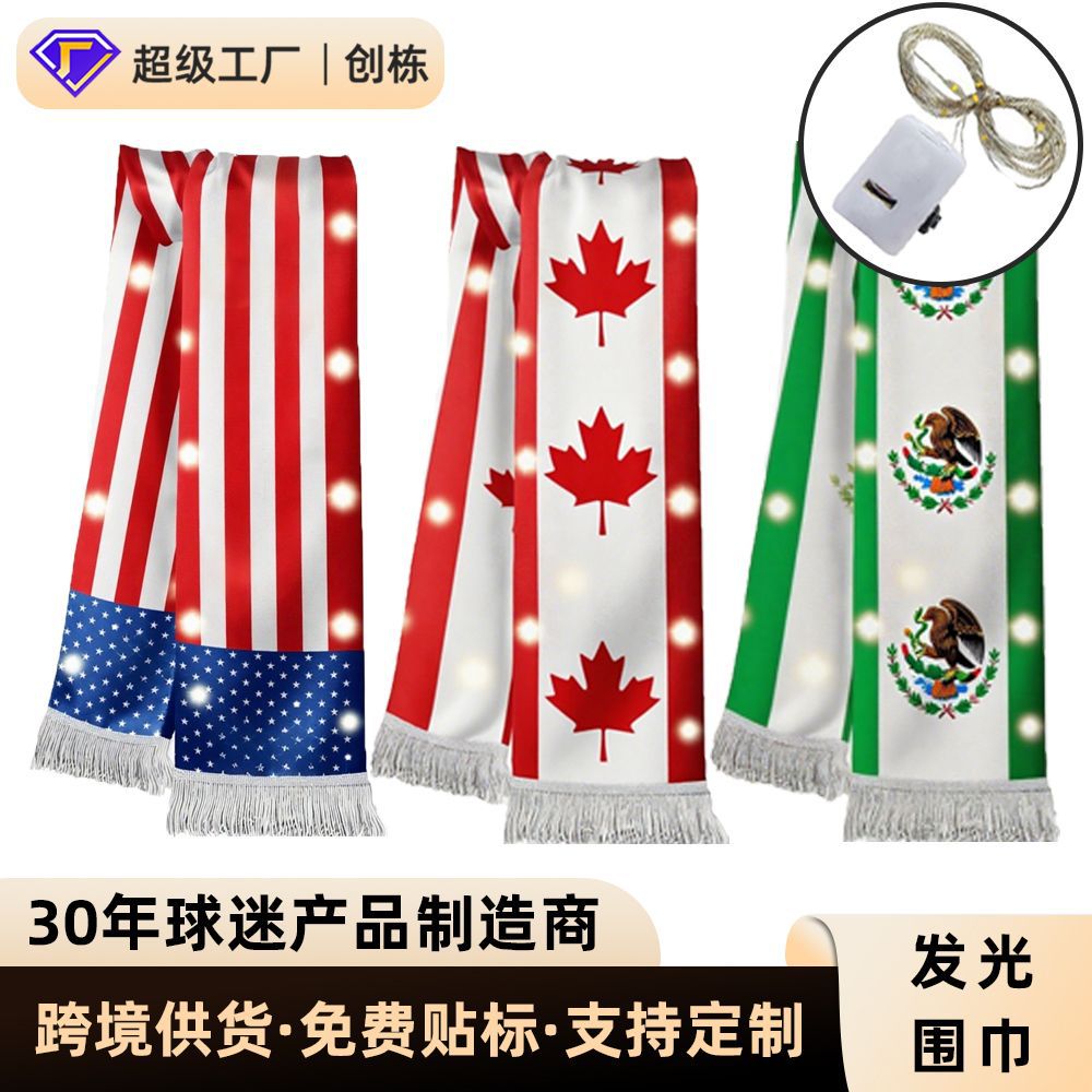 US, Canada and Mexico 2026 World Cup products LED luminous fan scarves cheering props satin double-sided fringed scarves