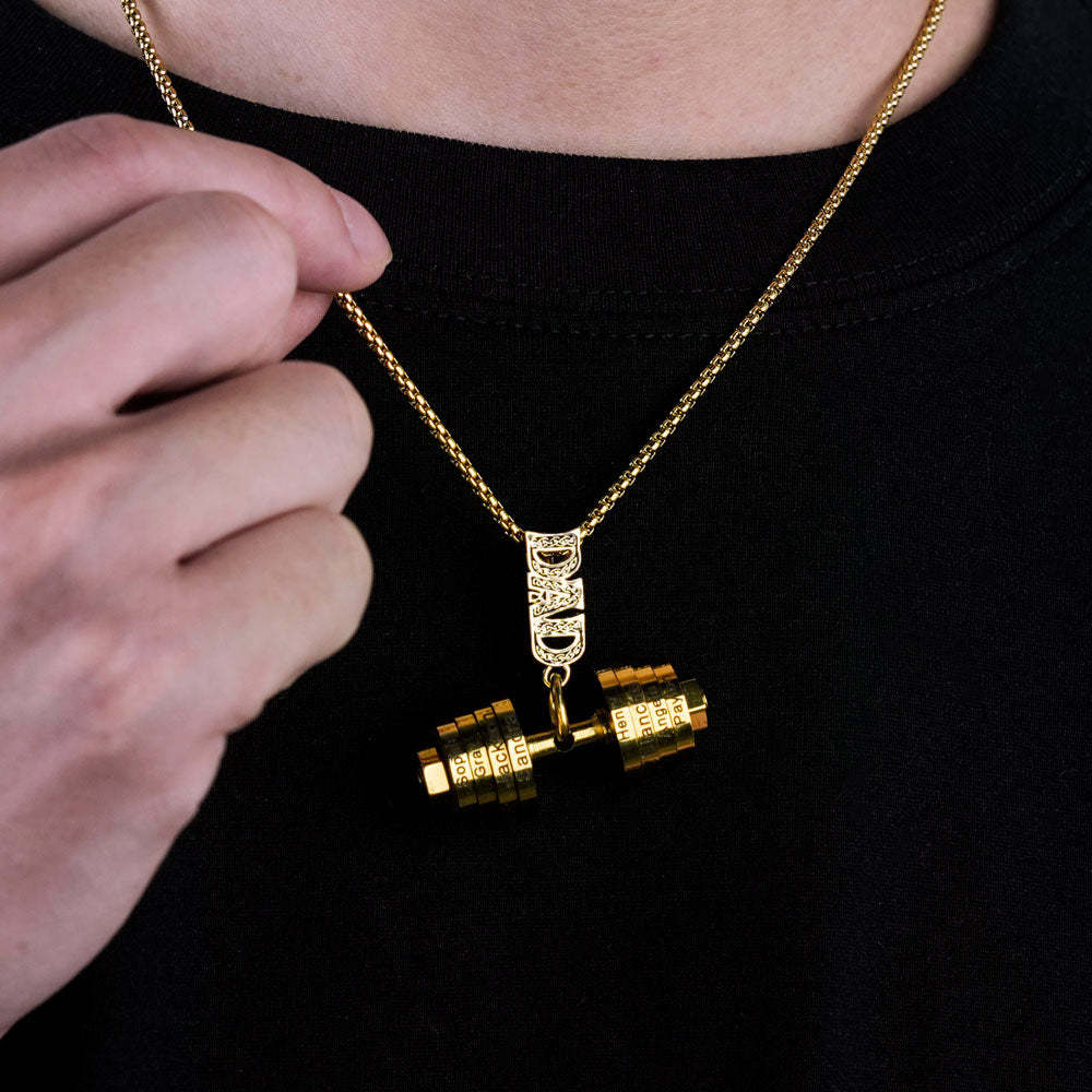 European and American personalized sports accessories stainless steel fitness barbell necklace DAD Father's Day engraved family name necklace gift