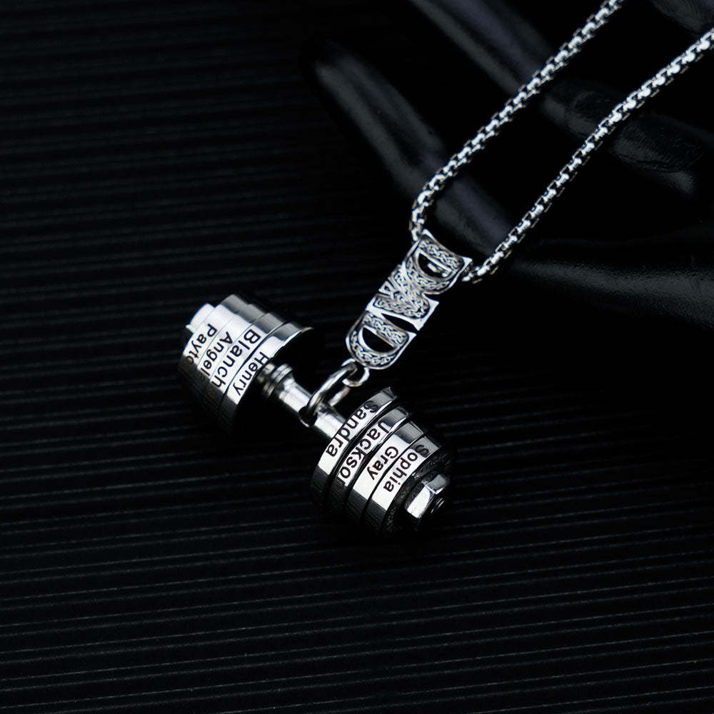 European and American personalized sports accessories stainless steel fitness barbell necklace DAD Father's Day engraved family name necklace gift