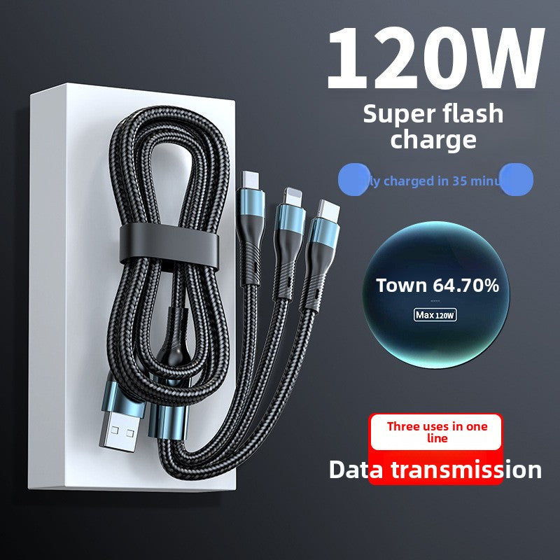 120W charger cable braided data cable three-in-one tpyec super fast charging car one-to-three Huawei universal