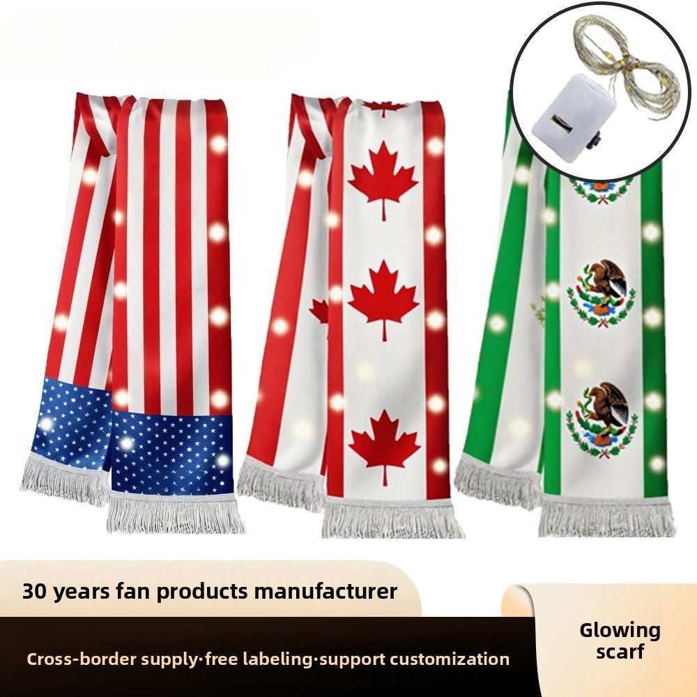US, Canada and Mexico 2026 World Cup products LED luminous fan scarves cheering props satin double-sided fringed scarves