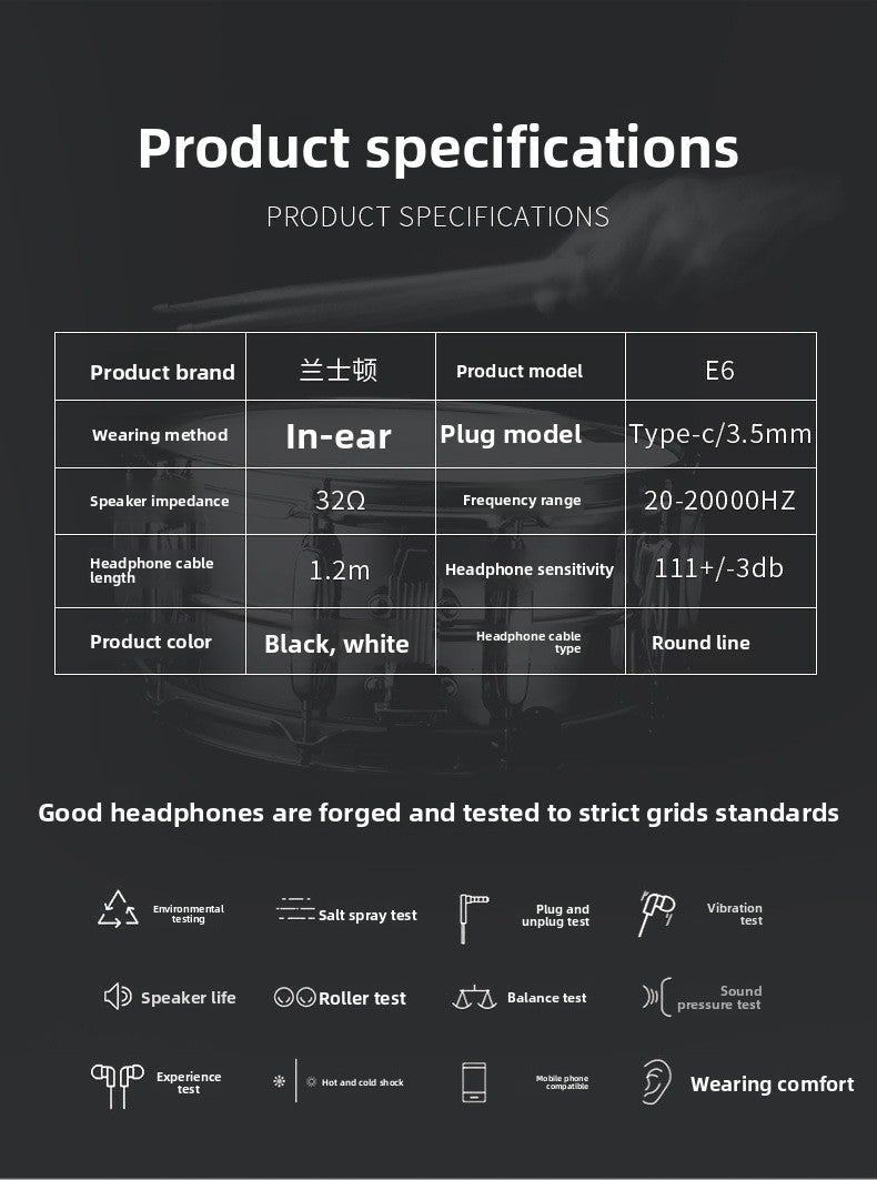 Applicable iPhone wired headset wire control bluetooth huawei direct plug 3.5mm apple type-c in-ear headset