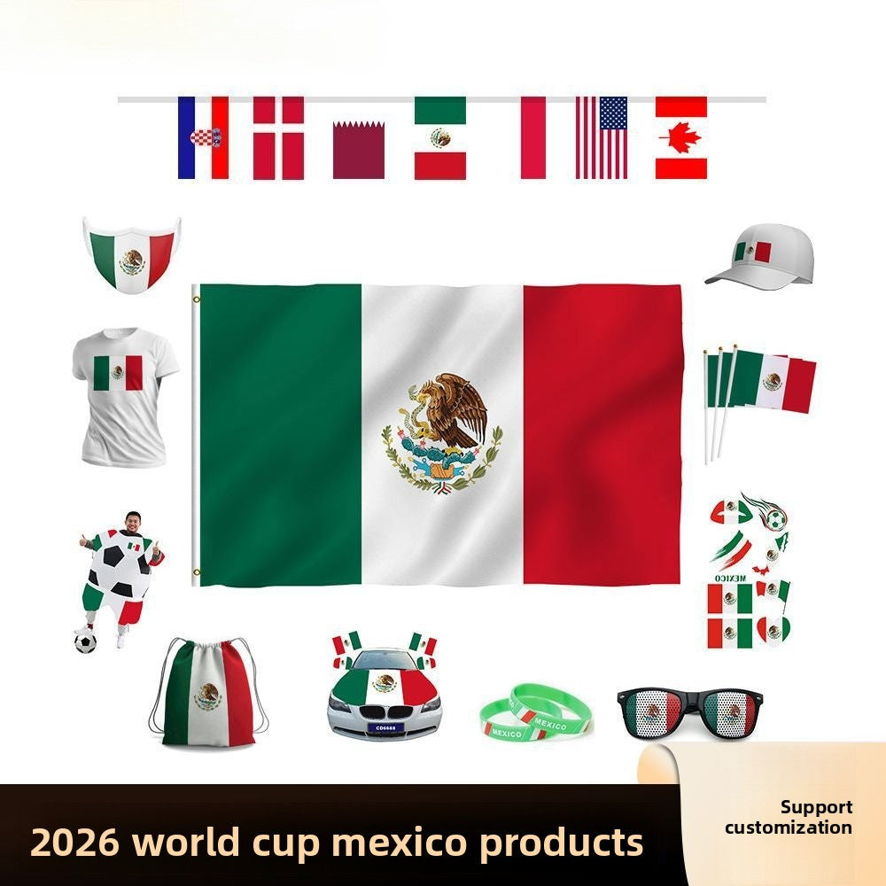 Customized Mexican fan products Hand-cranked national flag Football backpack Car flag Hood cover Reflector cover Baseball cap
