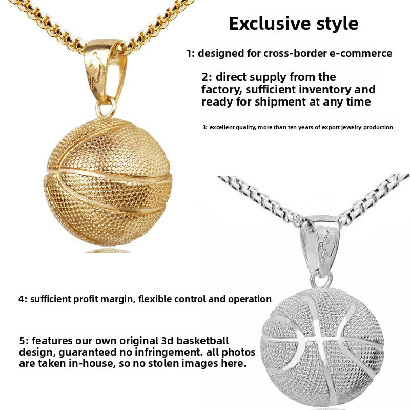 Basketball pendant men's European, American stainless steel necklace cross-border e-commerce popular jewelry sports pendant jewelry factory wholesale