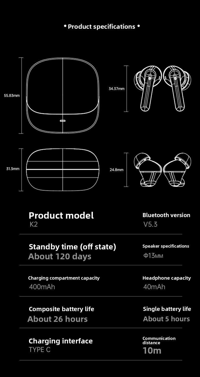 K2 new wireless 3-mark ANC + ENC Bluetooth headset, high noise reduction, high sound quality, high value sports, long battery life