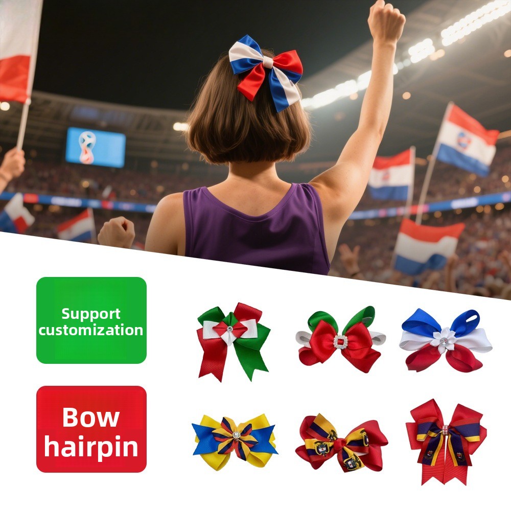 2026 World Cup bow hairpin, national flag pattern streamer hairpin, top clip on the back of the head, fans cheering props