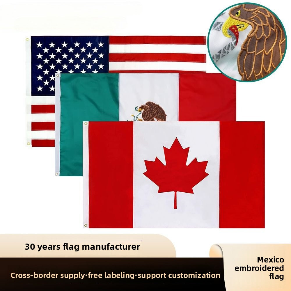 2026 World Cup United States embroidered flag splicing stars and stripes Mexico embroidered flag Canada flag Oxford cloth